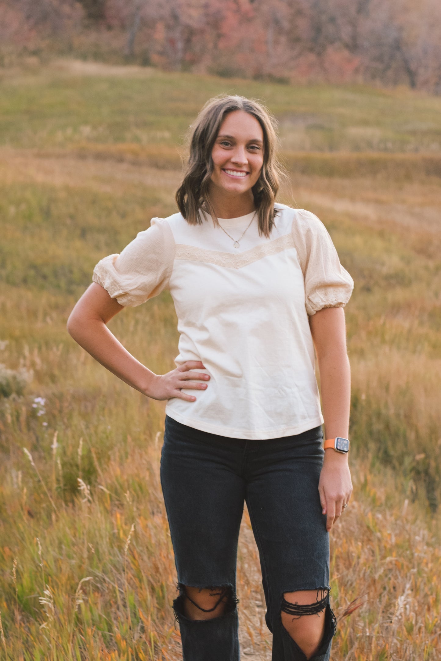 white cream puff sleeve top