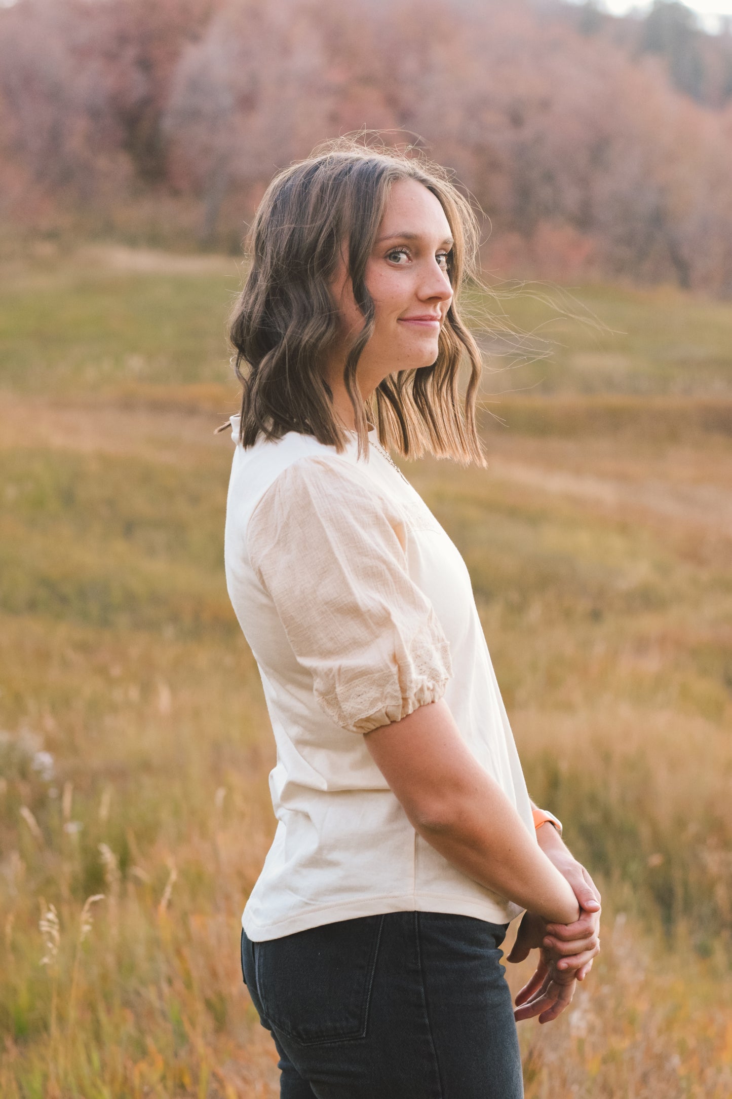 white cream puff sleeve top - side