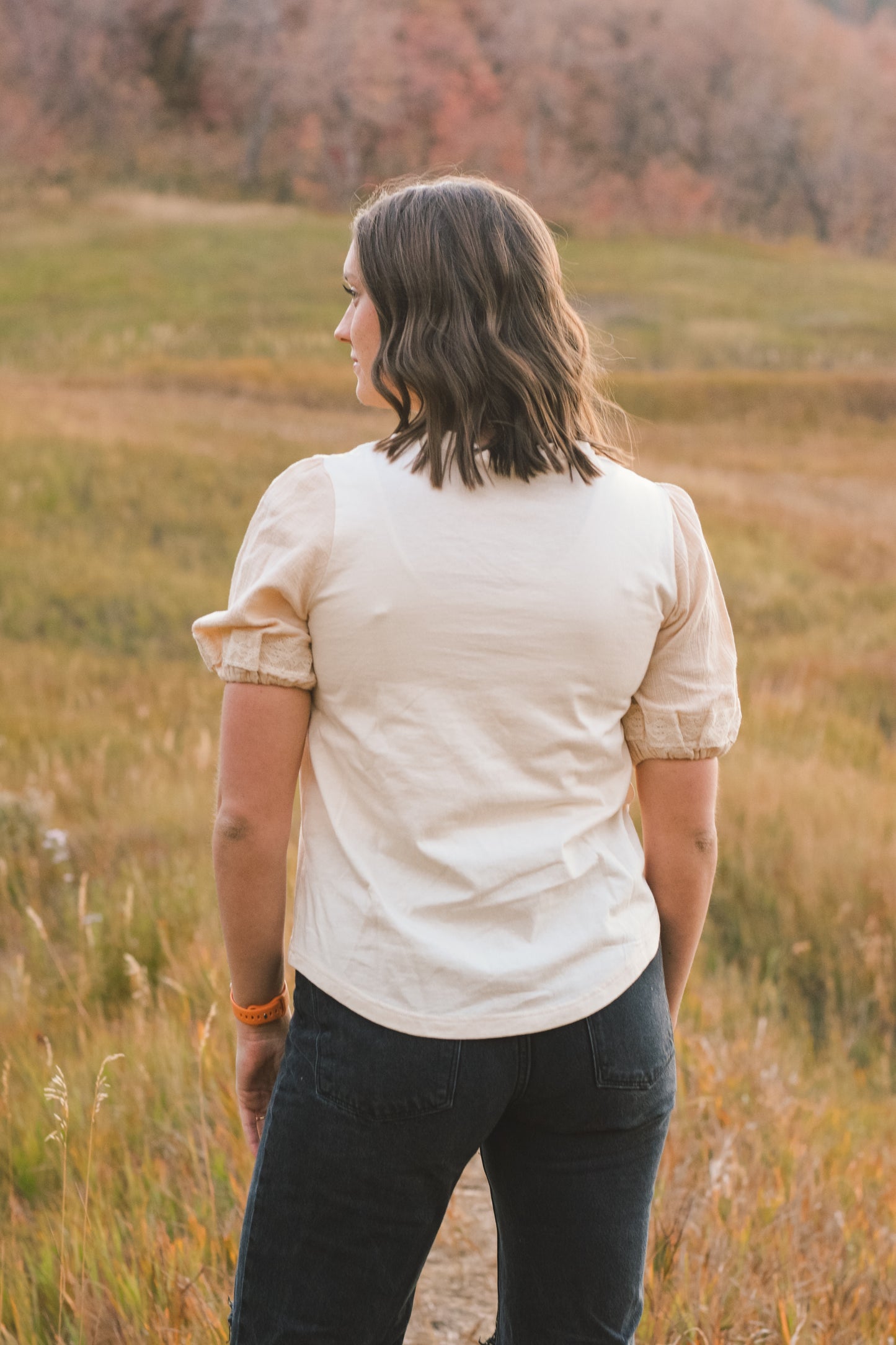 white cream puff sleeve top- back
