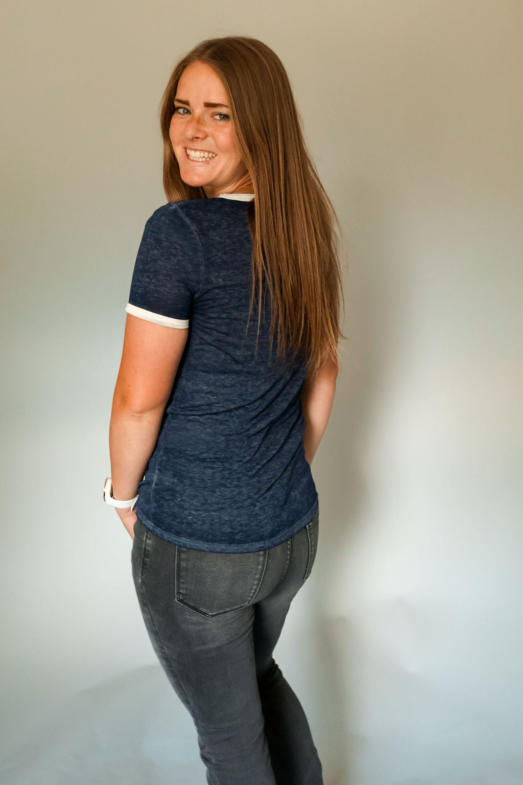 navy blue loose baseball top back
