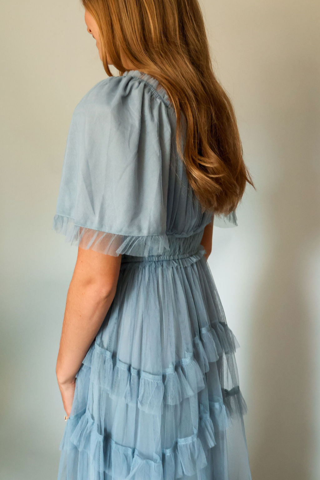 Layered Dusty Blue Bridesmaid Dress Square Neck Side