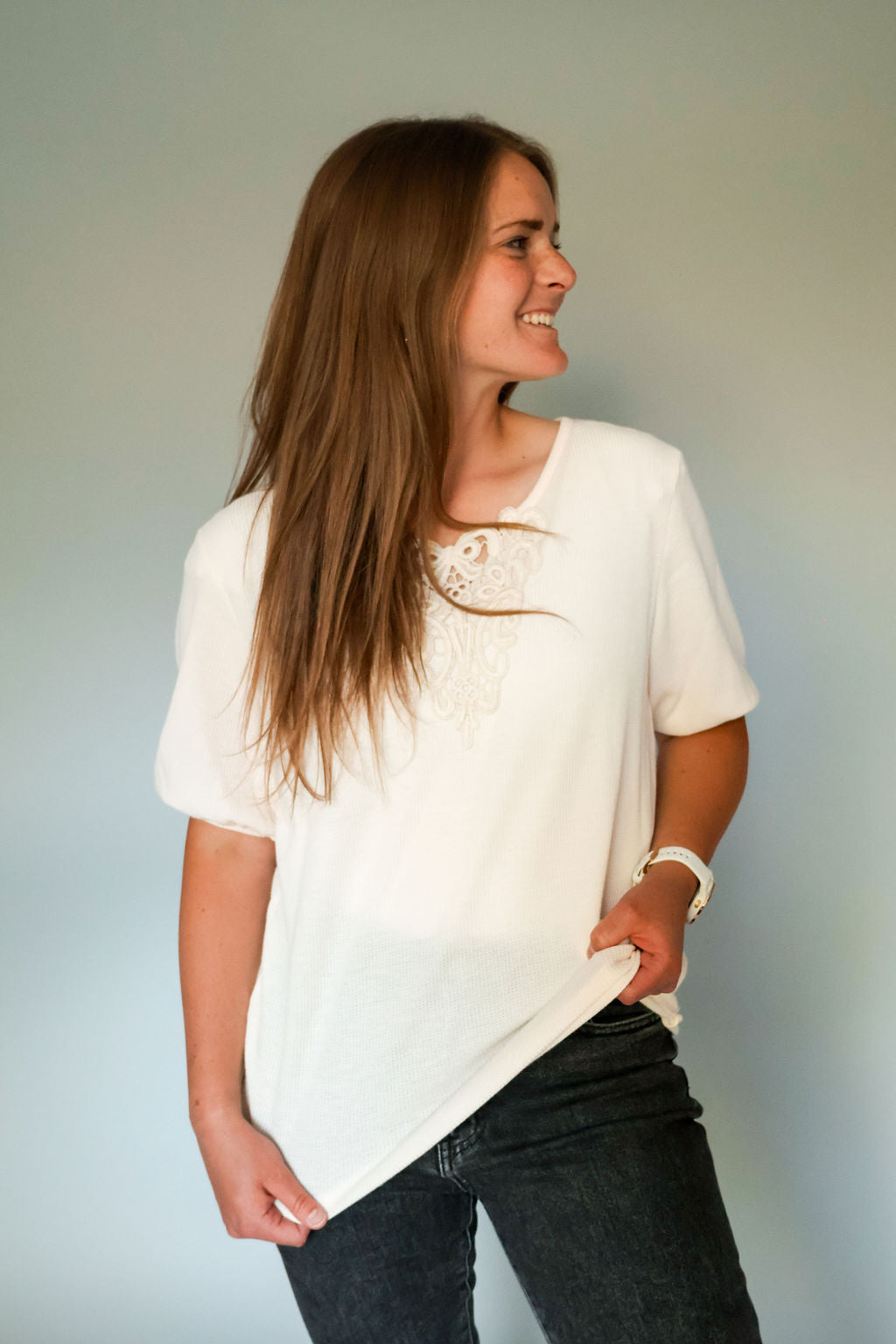 white cream lace puff sleeve