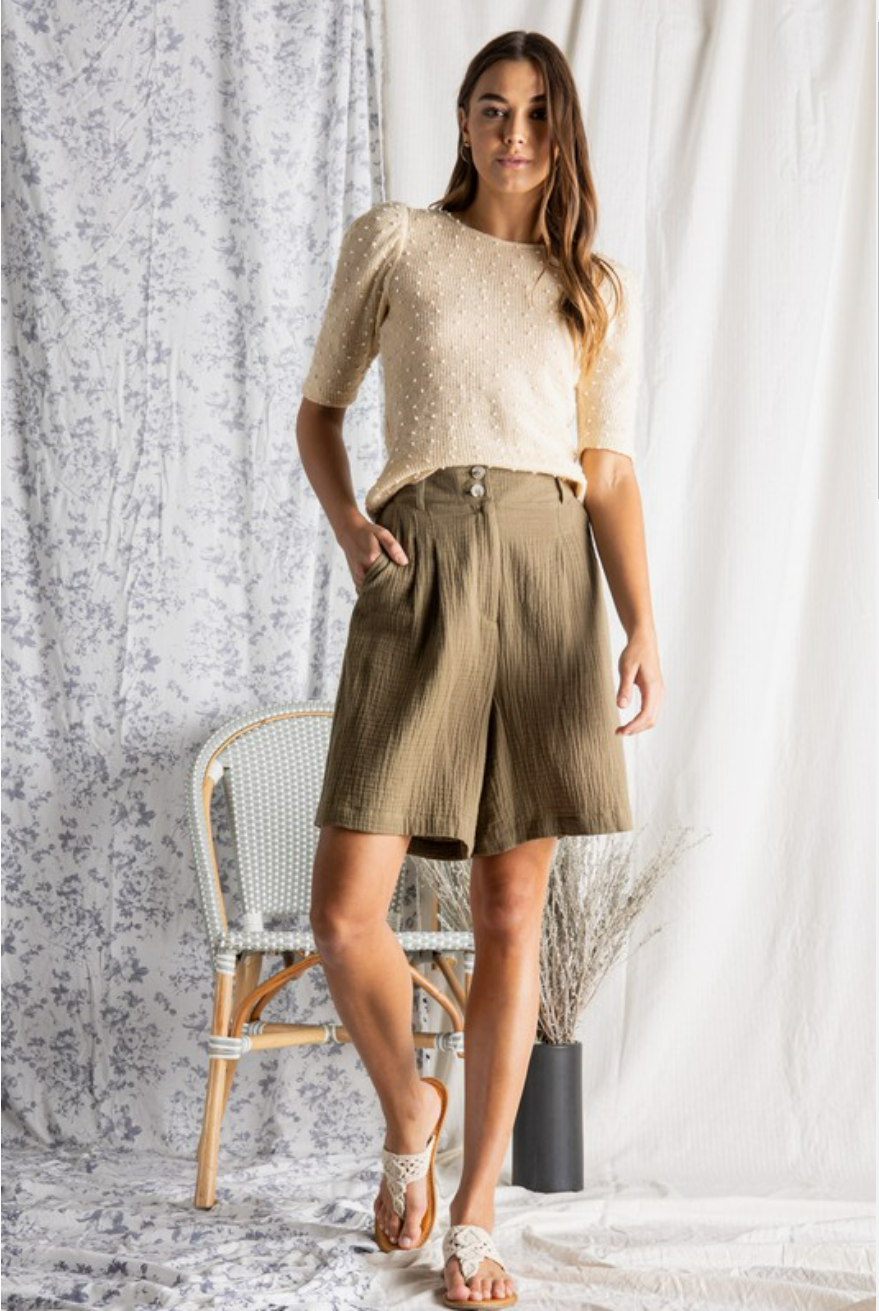 Sage green linen button shorts