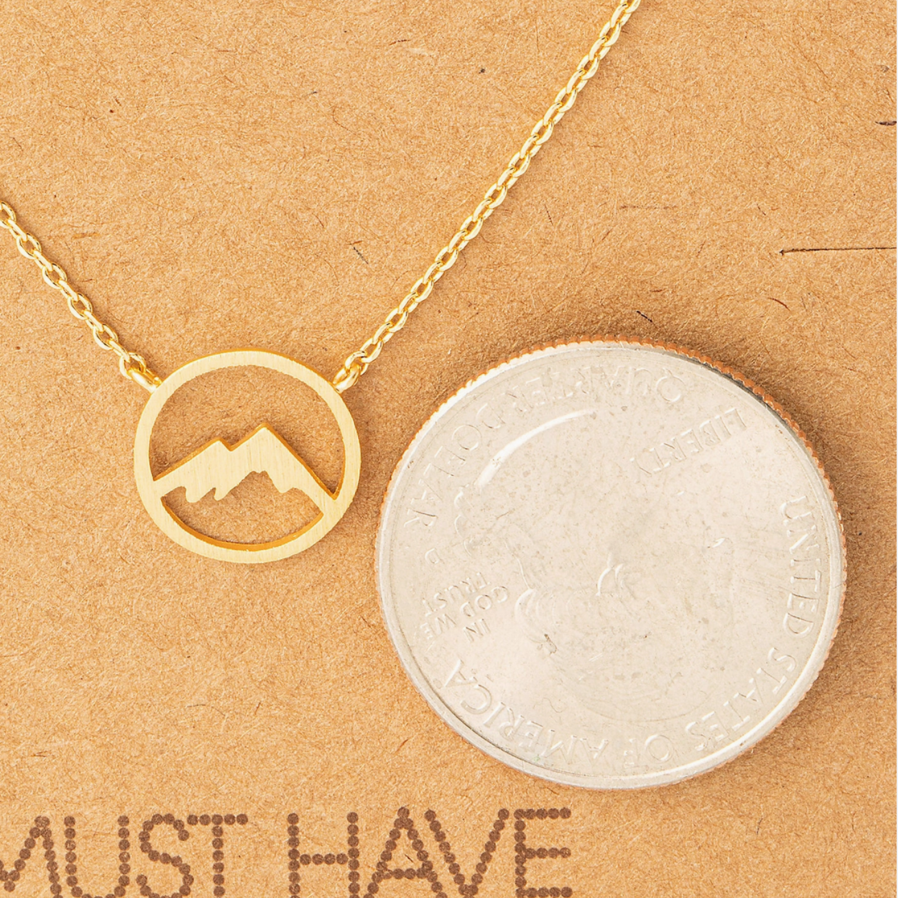 Mountain Pendant Gold Round Outline Size