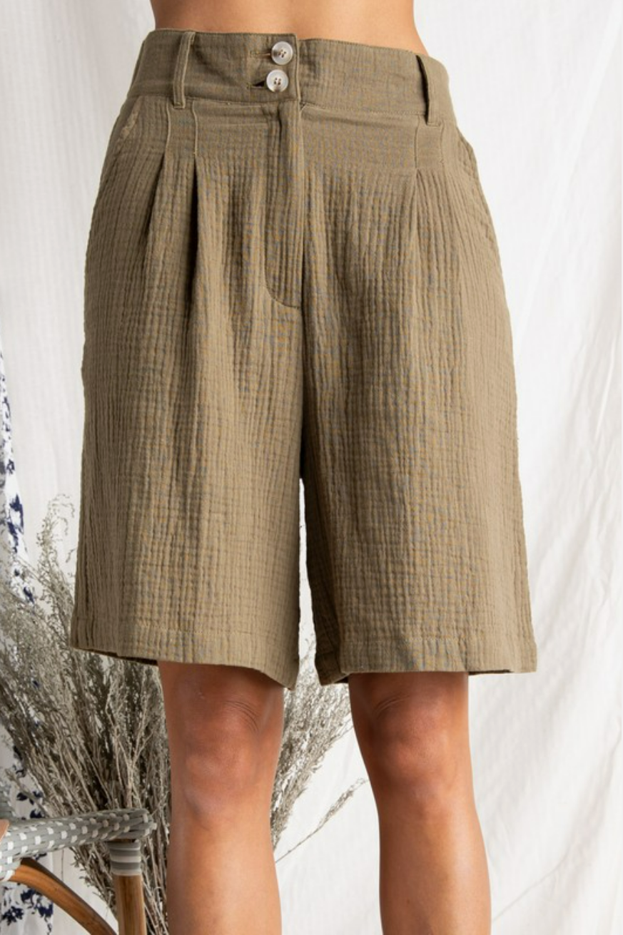 Sage green linen button shorts